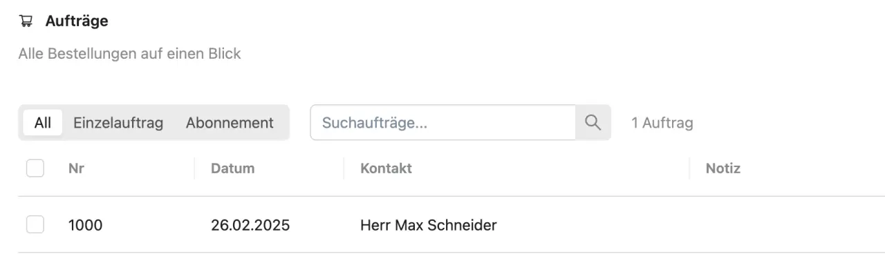 Übersicht & Filterung nach Einzelauftrag & Abo